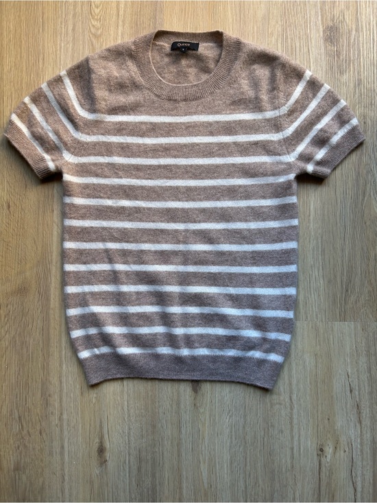 Quince Sweaters - Quince Women’s Short Sleeve Stripe Cashmere Sweater - Light Brown/White